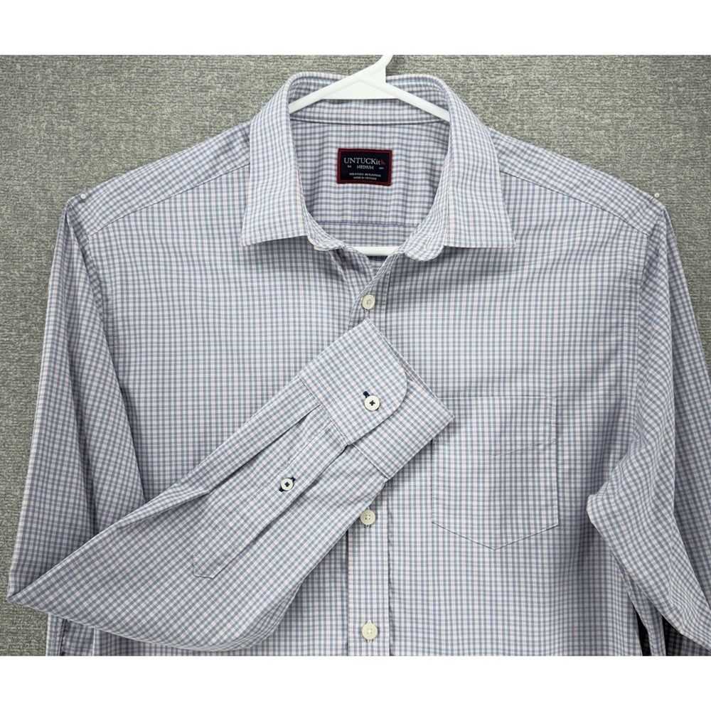 UNTUCKit Dalton Fit Regular Shirt Men Size Medium Check White Blue Pink Nylon